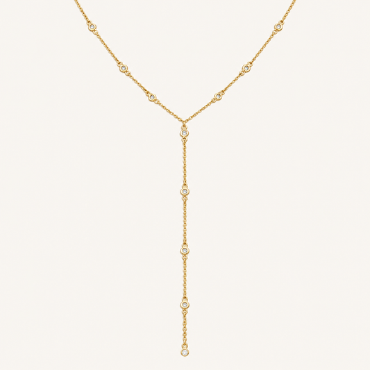 14K Solid Gold Bezel Station Lariat Necklace – Adjustable 16–18″