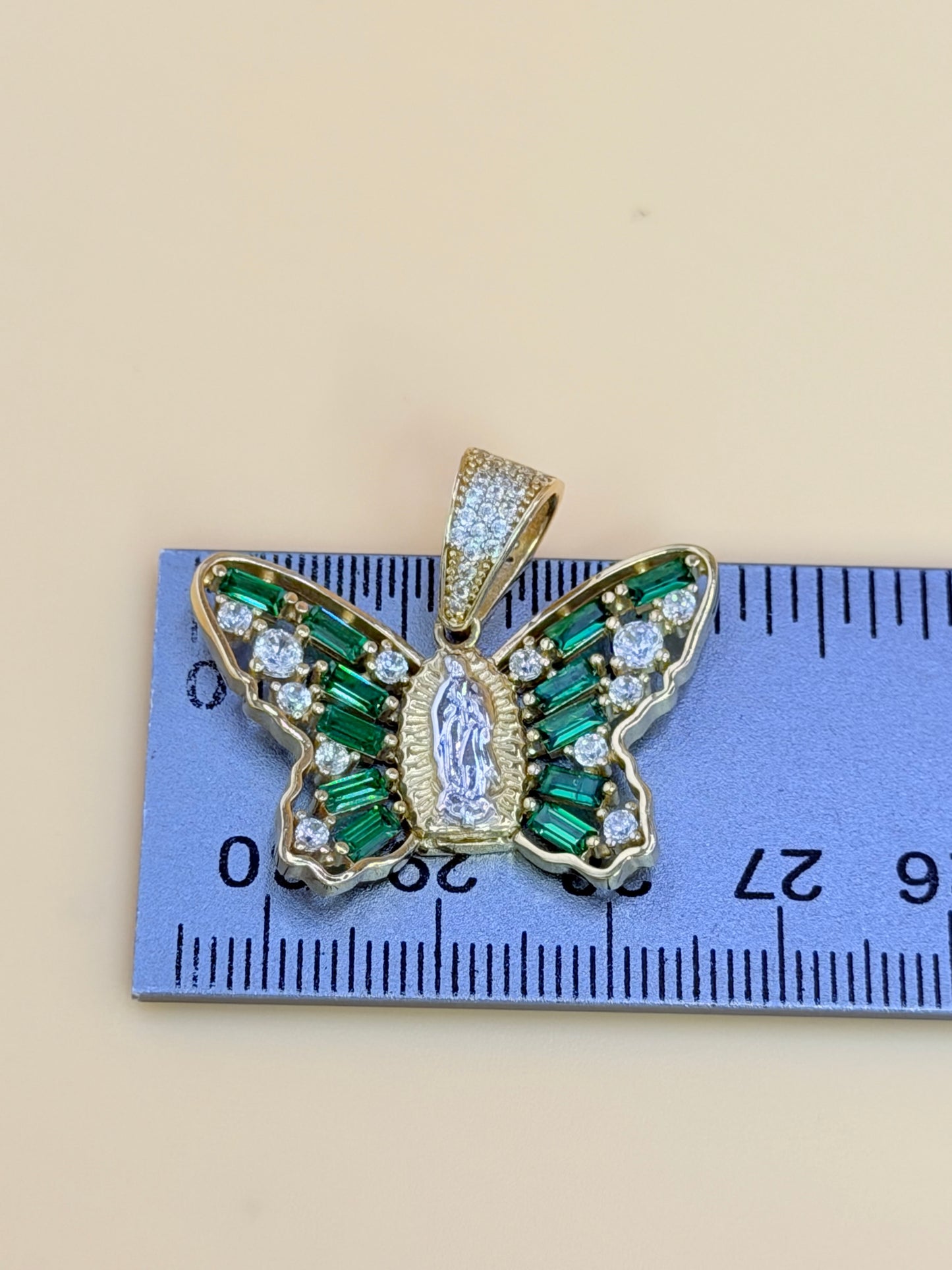 10K Large Gold Butterfly Pendant with Our Lady of Guadalupe, Fits Chains Up to 7mm Thick. ch