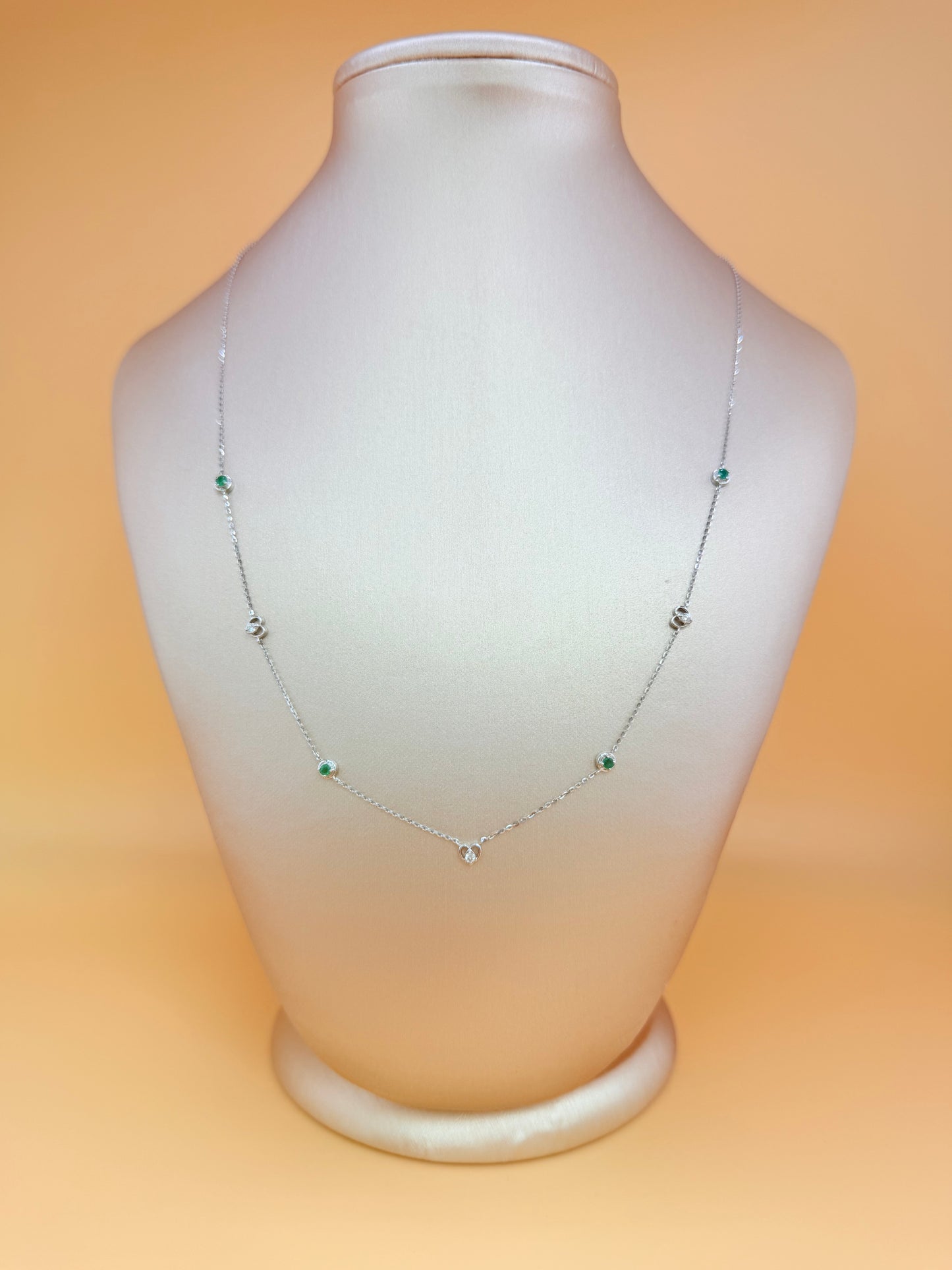 14K White Gold Chain with Natural Emeralds and Diamonds, Adjustable 16”–18” Length, 0.24ct Total Natural Diamond Weight. n