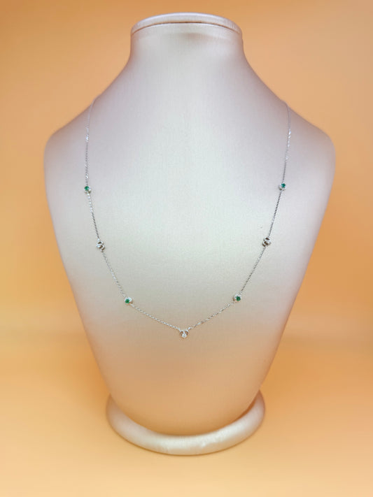 14K White Gold Chain with Natural Emeralds and Diamonds, Adjustable 16”–18” Length, 0.24ct Total Natural Diamond Weight. n