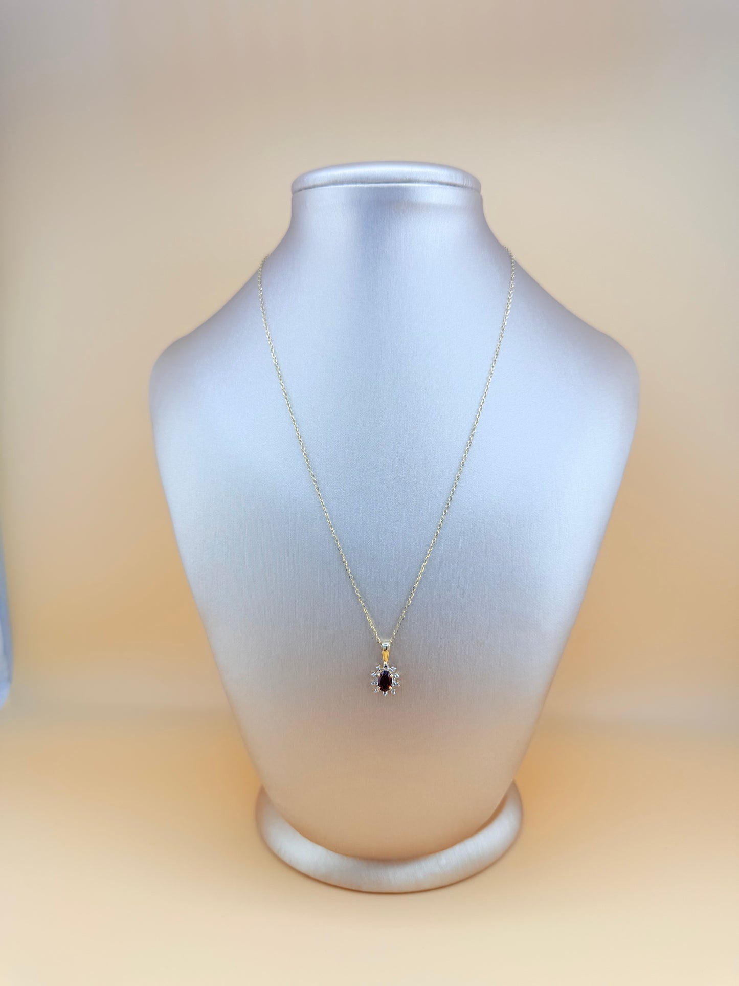 10K Solid Gold Chain and Natural Garnet Pendant, 16” Chain, 1mm Thick. n