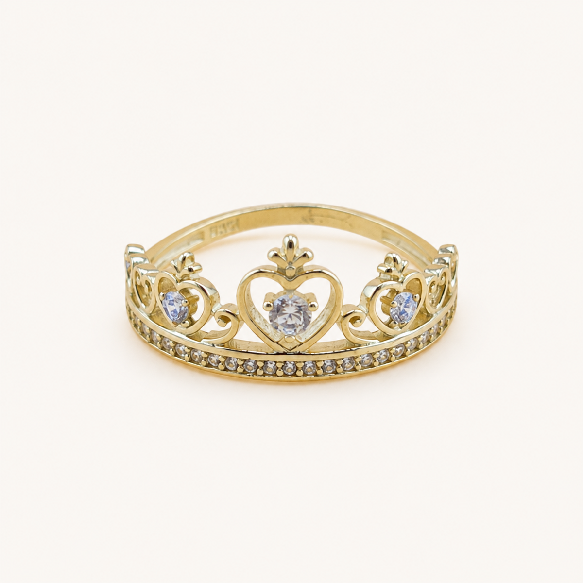 10K Gold Princess Crown Heart Ring with Sparkling Stones – Size 7.5
