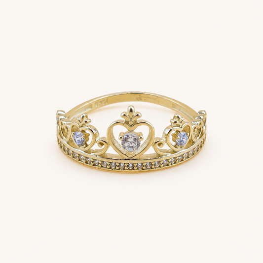 10K Gold Princess Crown Heart Ring with Sparkling Stones – Size 7.5