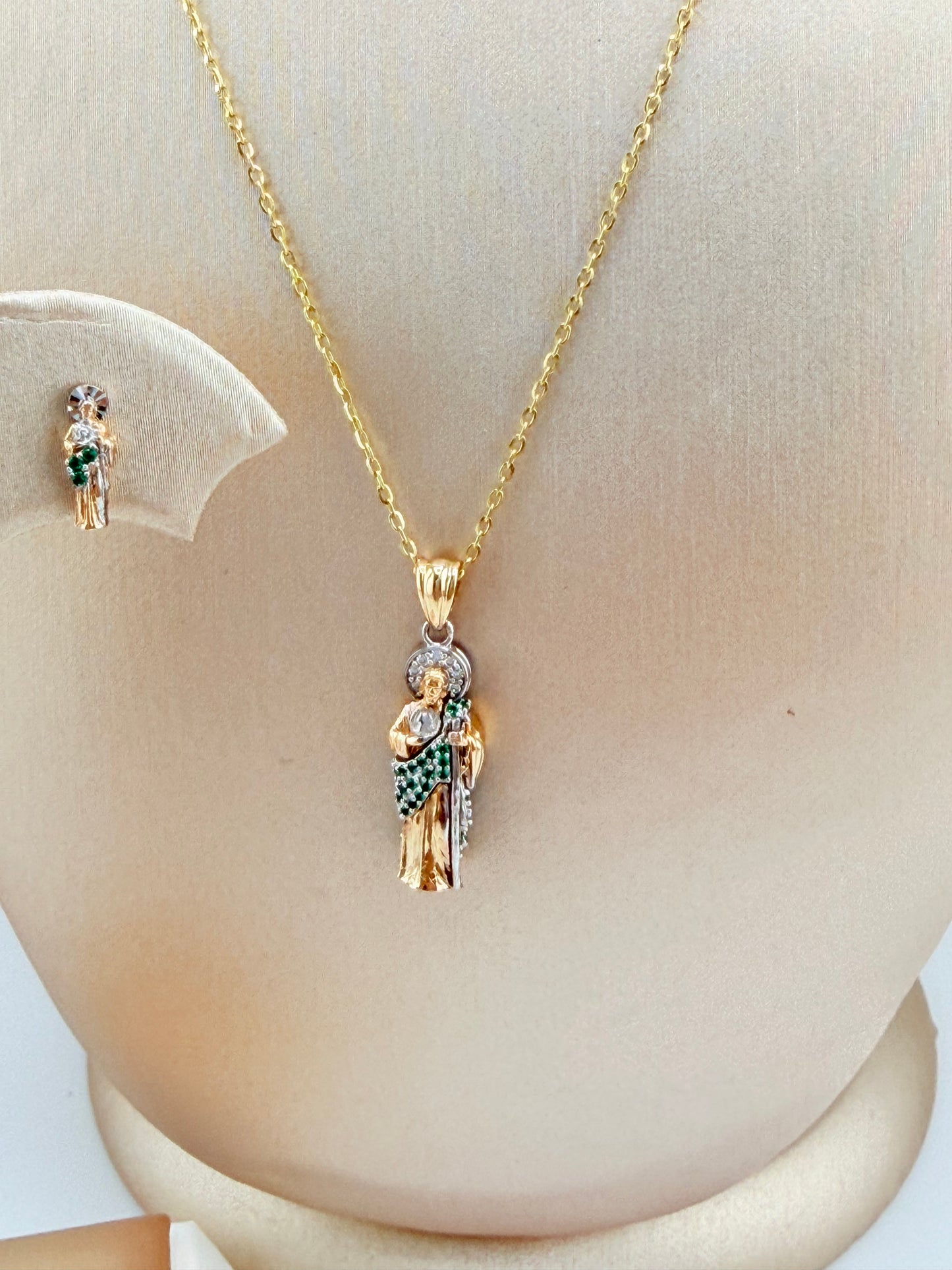 14K Gold St. Jude Set, Includes Earrings and Pendant. Chain Not Included. Pendant Fits Chains Up to 3mm Thick. s