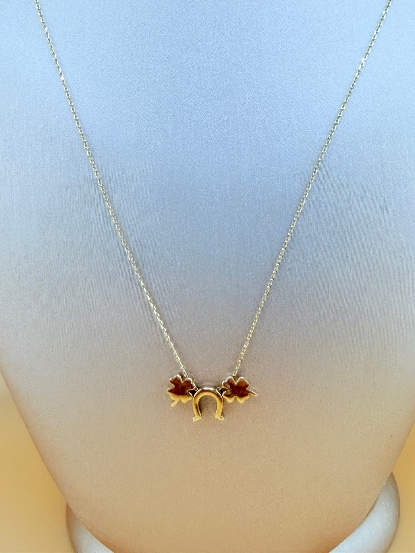 14kt Solid Gold Chain with Horseshoe and Clover Pendants, Adjustable 16”–18” Length, 0.6mm Thick. n