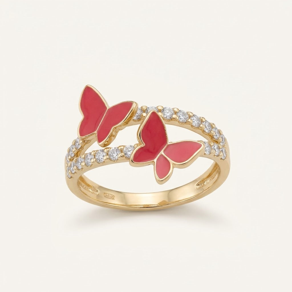 10K Gold Red Butterfly Epoxy Resin & CZ Ring – Size 7