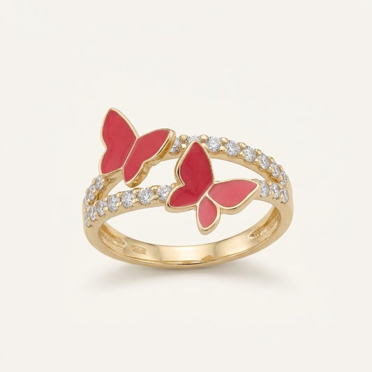 10K Gold Red Butterfly Epoxy Resin & CZ Ring – Size 7