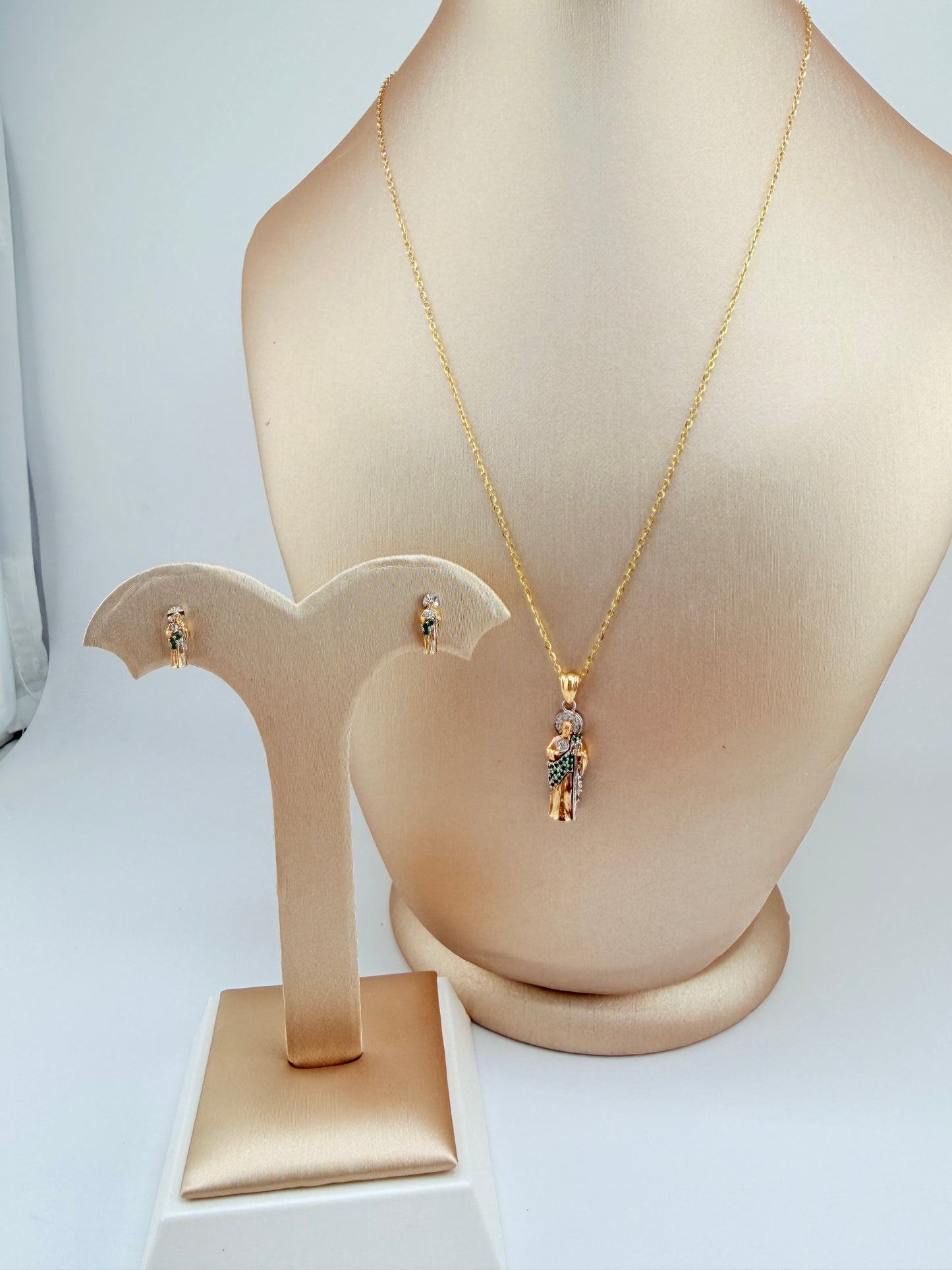 14K Gold St. Jude Set, Includes Earrings and Pendant. Chain Not Included. Pendant Fits Chains Up to 3mm Thick. s