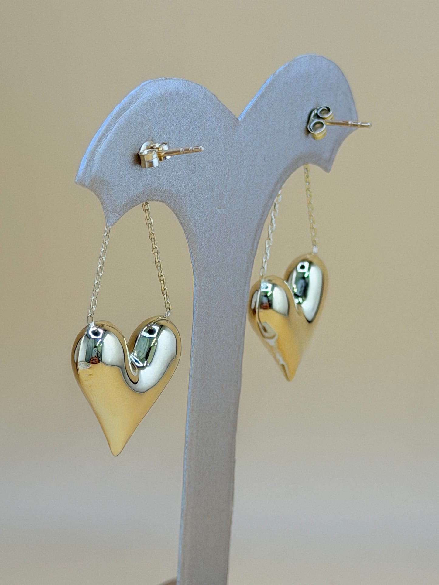 10kt Gold Long Puffed Heart Earrings.