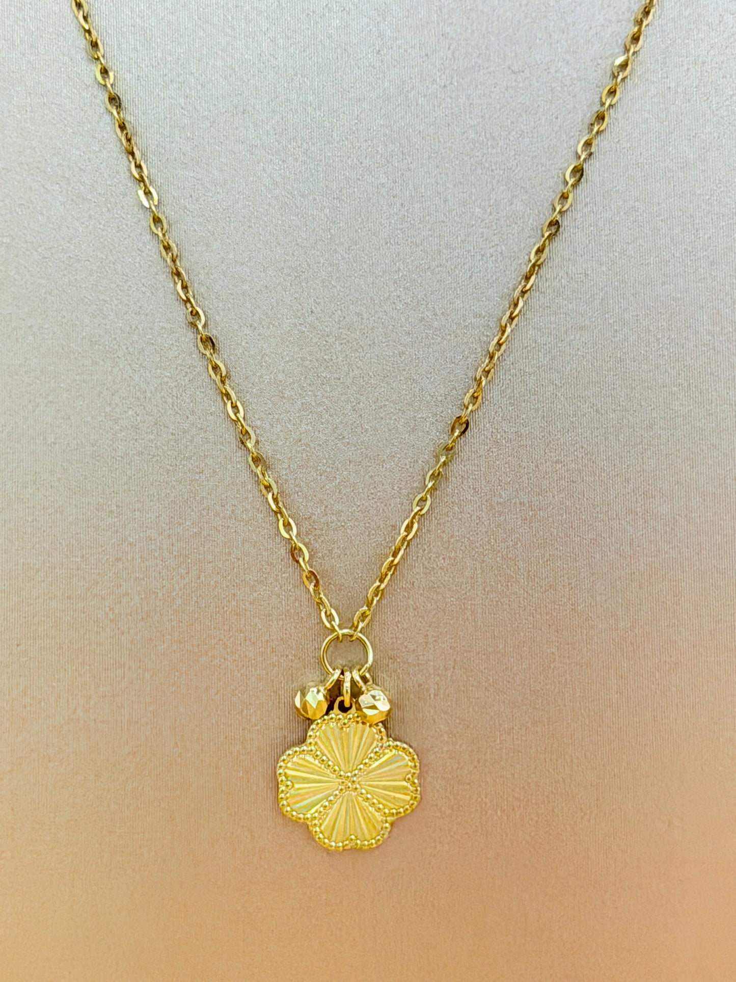 10K Solid Gold Chain with Clover Pendant, 17” Long. n