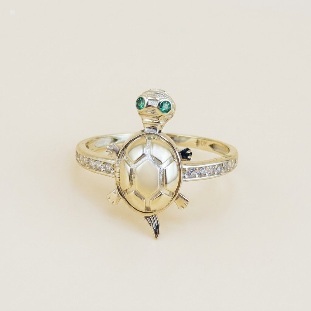 10K Gold Turtle Ring with Movable Details & Hidden CZ – Size 7
