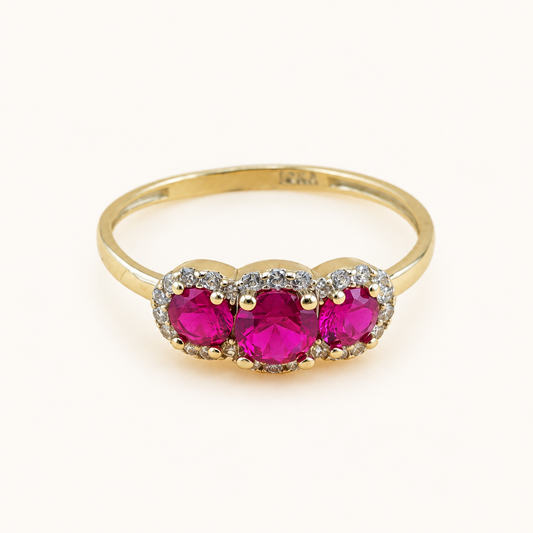 10K Gold Pink & Clear CZ Three-Stone Halo Ring – Size 8.5