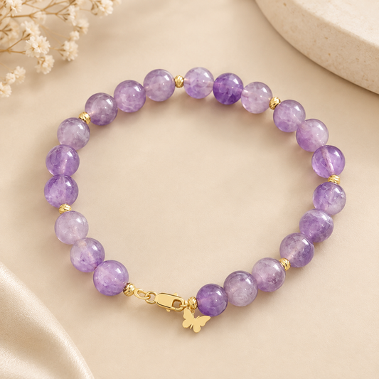 10K Gold Natural Amethyst Beaded Bracelet – 8” with Butterfly Charm