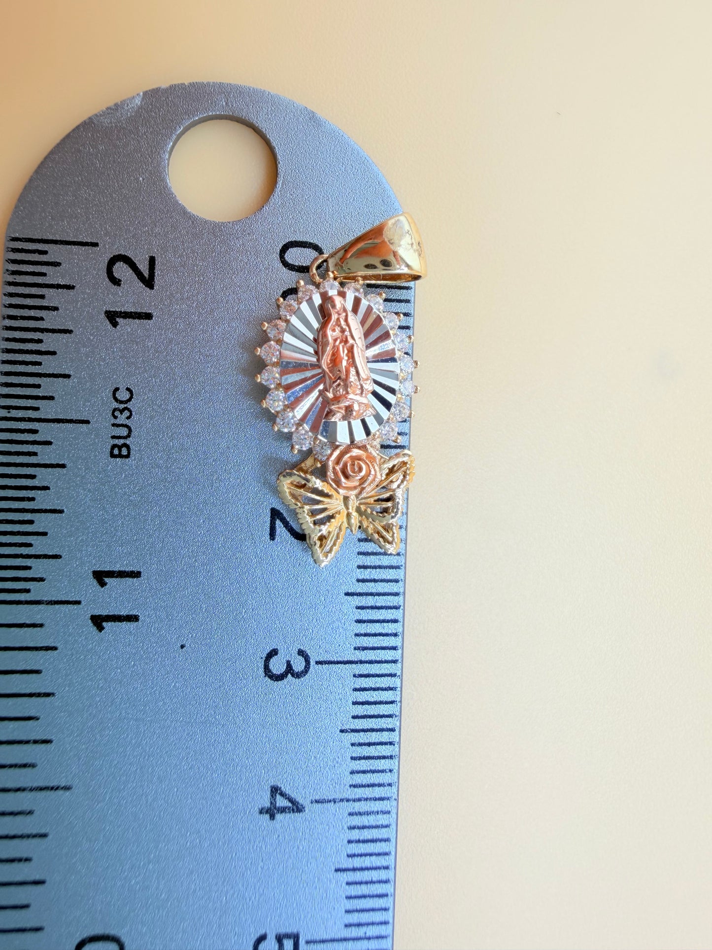 14K Gold Our Lady of Guadalupe and Butterfly Pendant, Fits Chains Up to 3mm Thick. ch