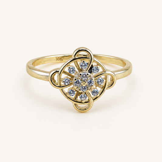 10K Solid Gold Floral Filigree CZ Ring – Size 7
