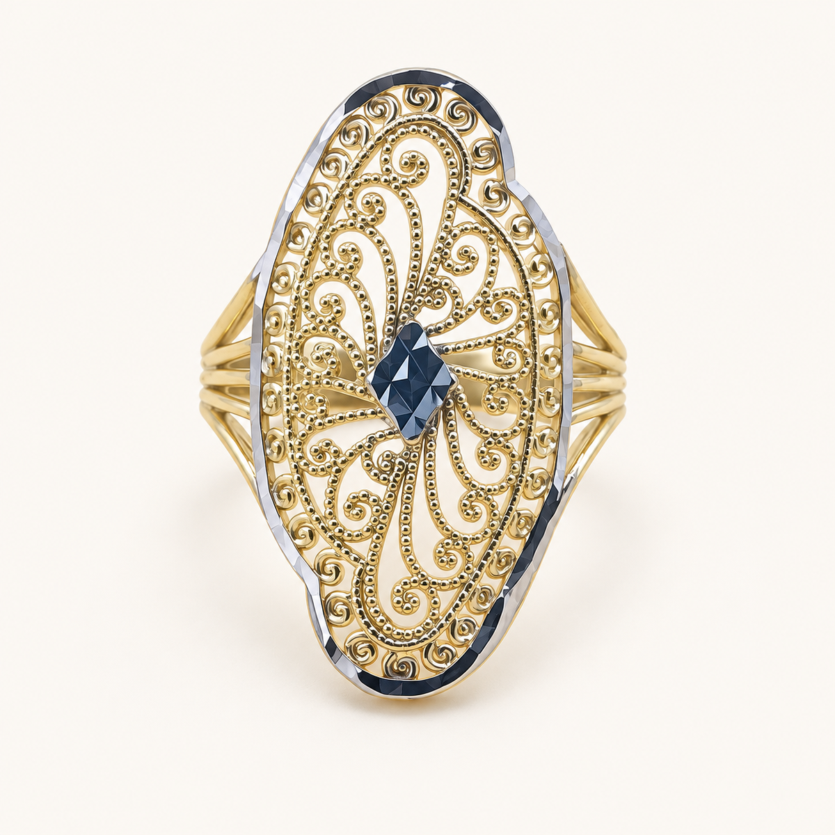 10K Solid Gold Marquise Filigree Ring with White Gold Accents – Size 6.5