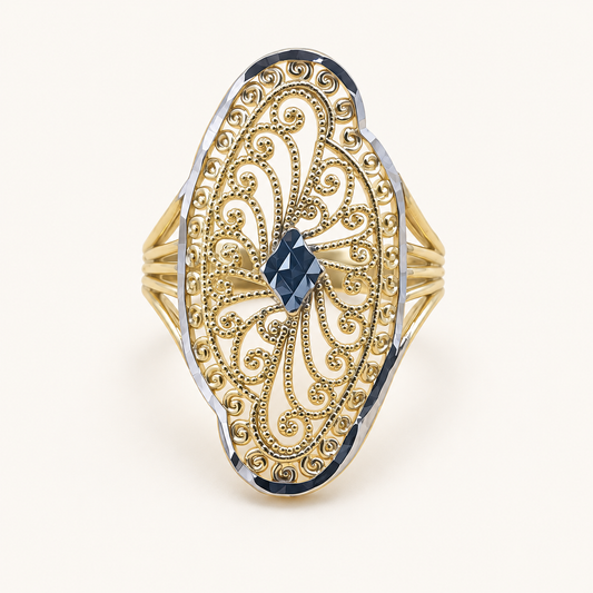 10K Solid Gold Marquise Filigree Ring with White Gold Accents – Size 6.5