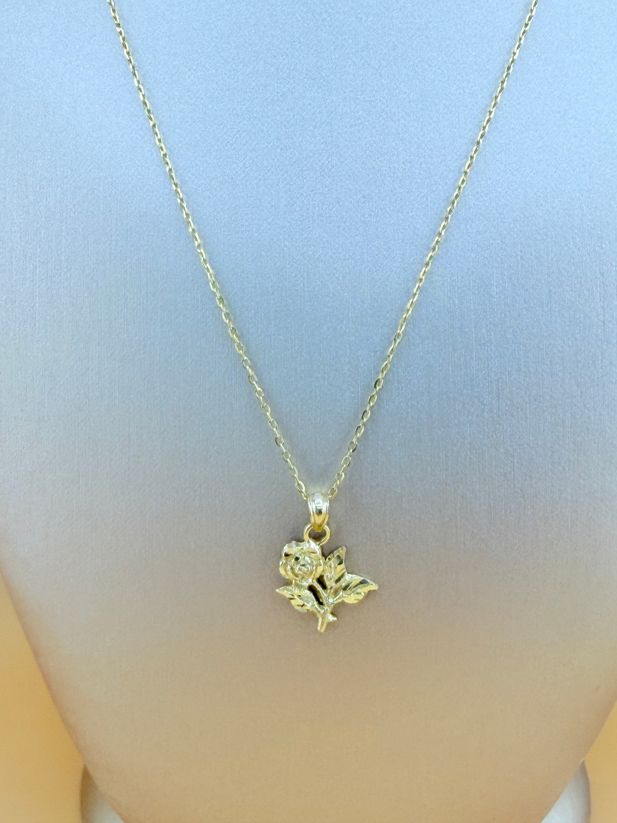 10K Solid Gold Rose Pendant with Chain, 16” Chain, 1mm Wide. n