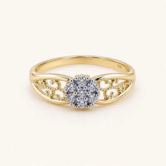 10K Solid Gold Floral Cluster Filigree Ring – Size 6.5
