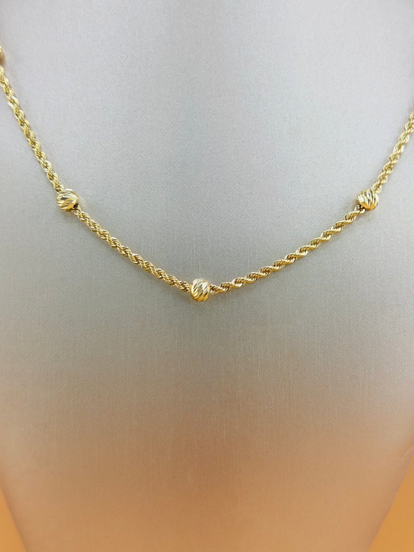 10K Solid Gold Semi-Solid Chain, 16” – 2mm Links, 4.9mm Beads