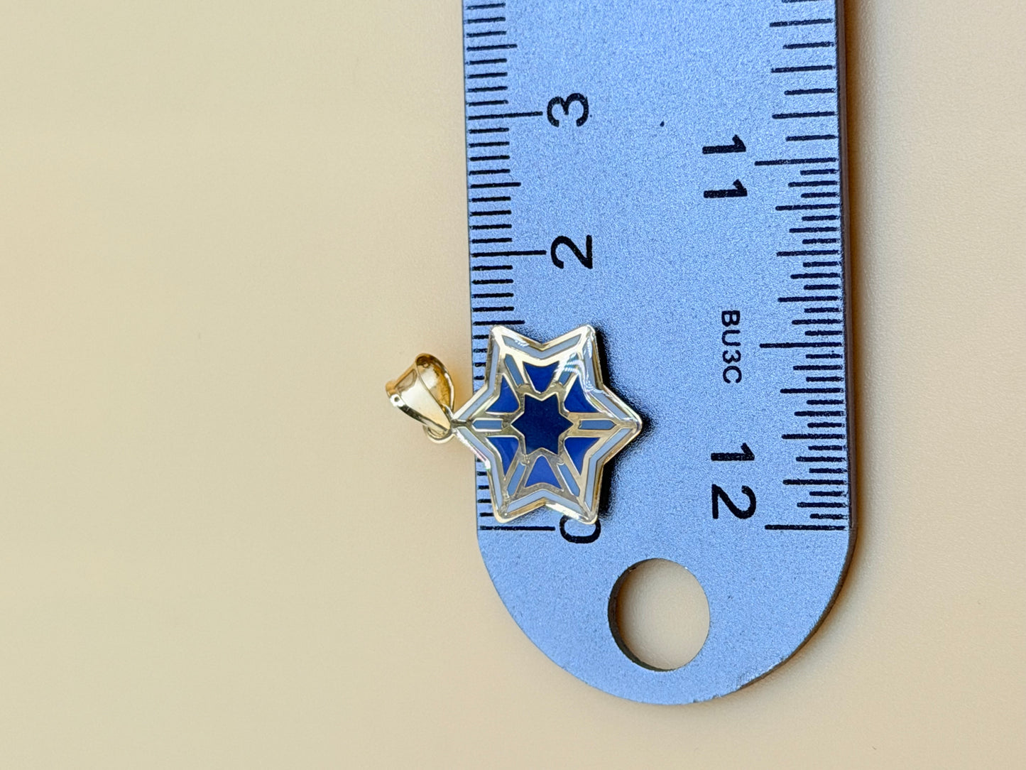 14K Gold Blue Star Pendant, Fits Chains Up to 3mm Thick. ch