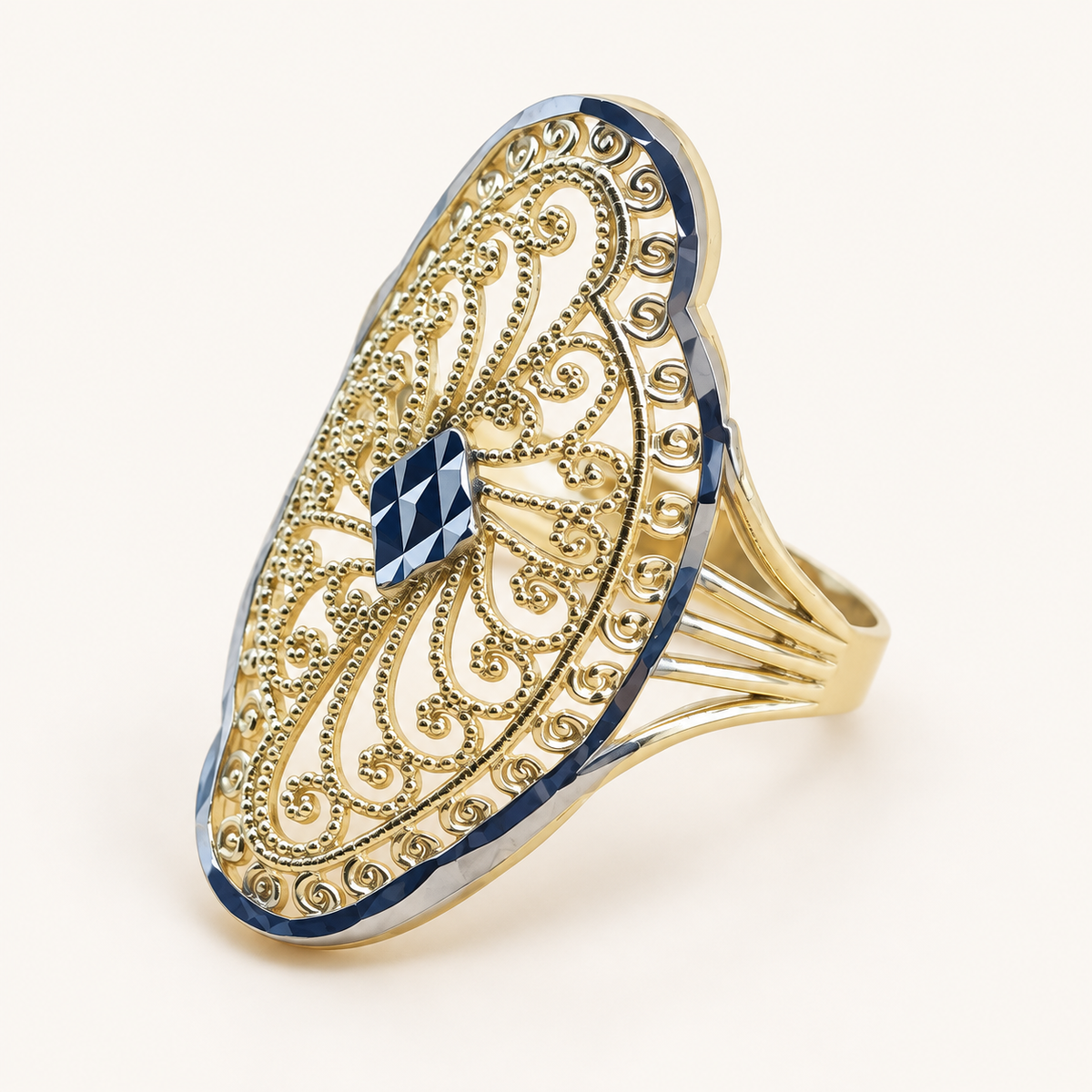 10K Solid Gold Marquise Filigree Ring with White Gold Accents – Size 6.5