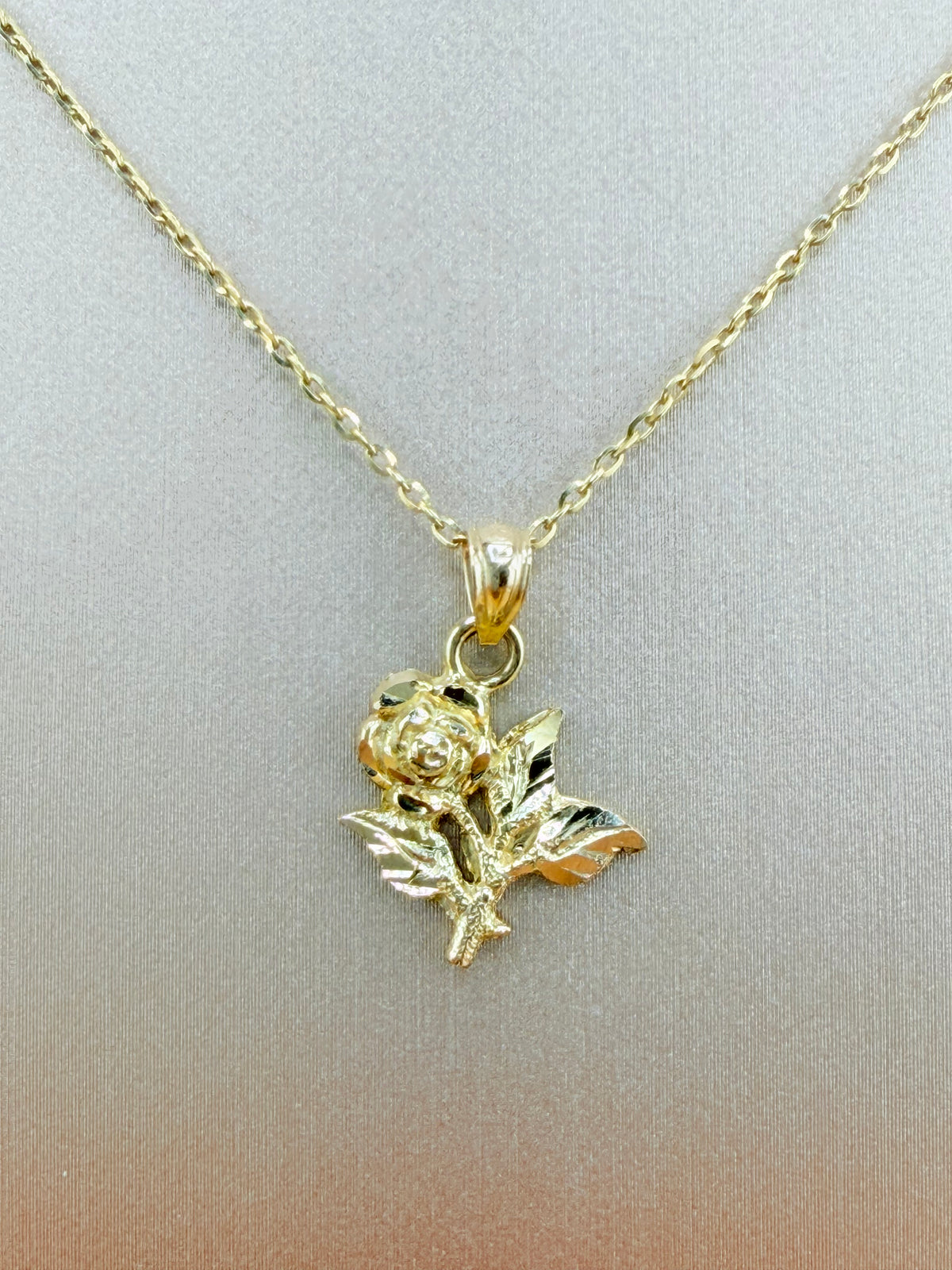 10K Solid Gold Rose Pendant with Chain, 16” Chain, 1mm Wide. n
