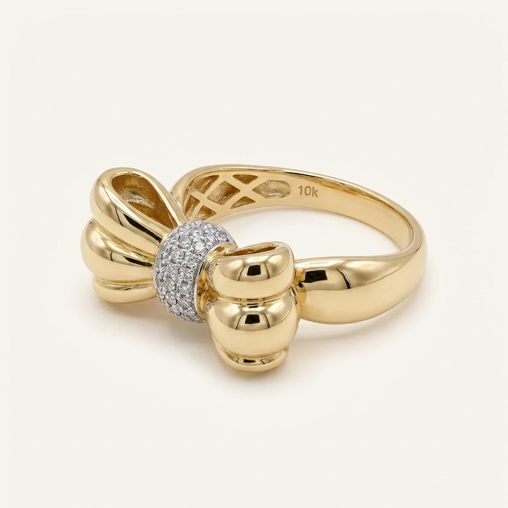 10K Gold Statement Bow Ring with CZ Accents – Size 8