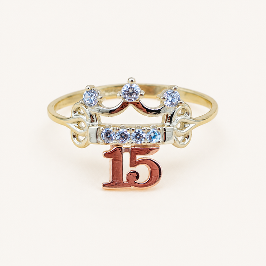 10K Gold Quinceañera Crown Ring with Rose Gold “15” – Size 6.5
