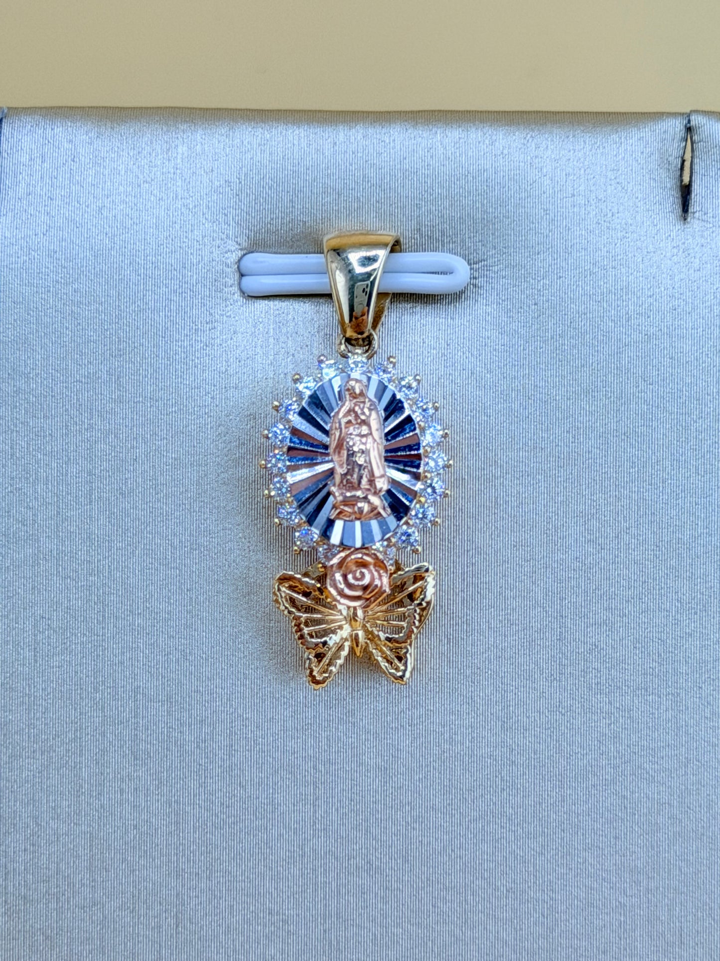 14K Gold Our Lady of Guadalupe and Butterfly Pendant, Fits Chains Up to 3mm Thick. ch