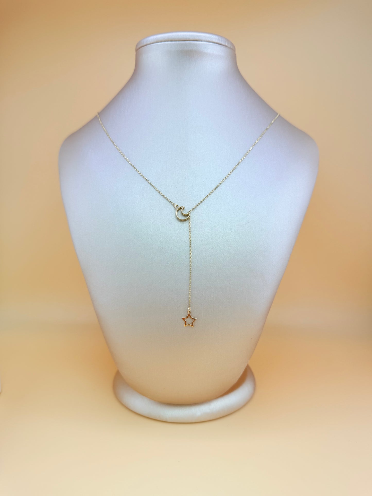 14kt Solid Gold Chain with Moon and Star Pendant, Size 16”–18”.