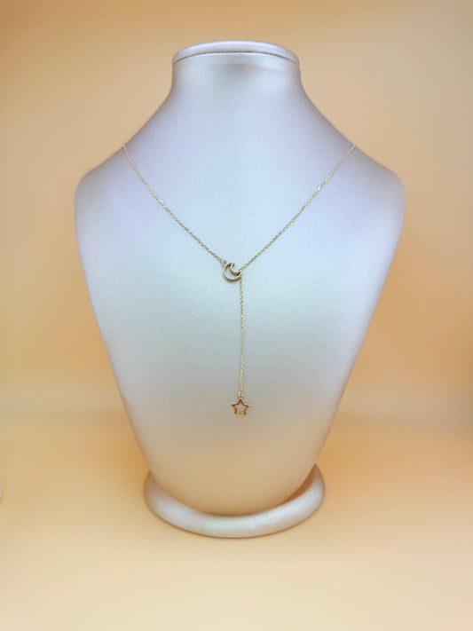 14kt Solid Gold Chain with Moon and Star Pendant, Size 16”–18”.
