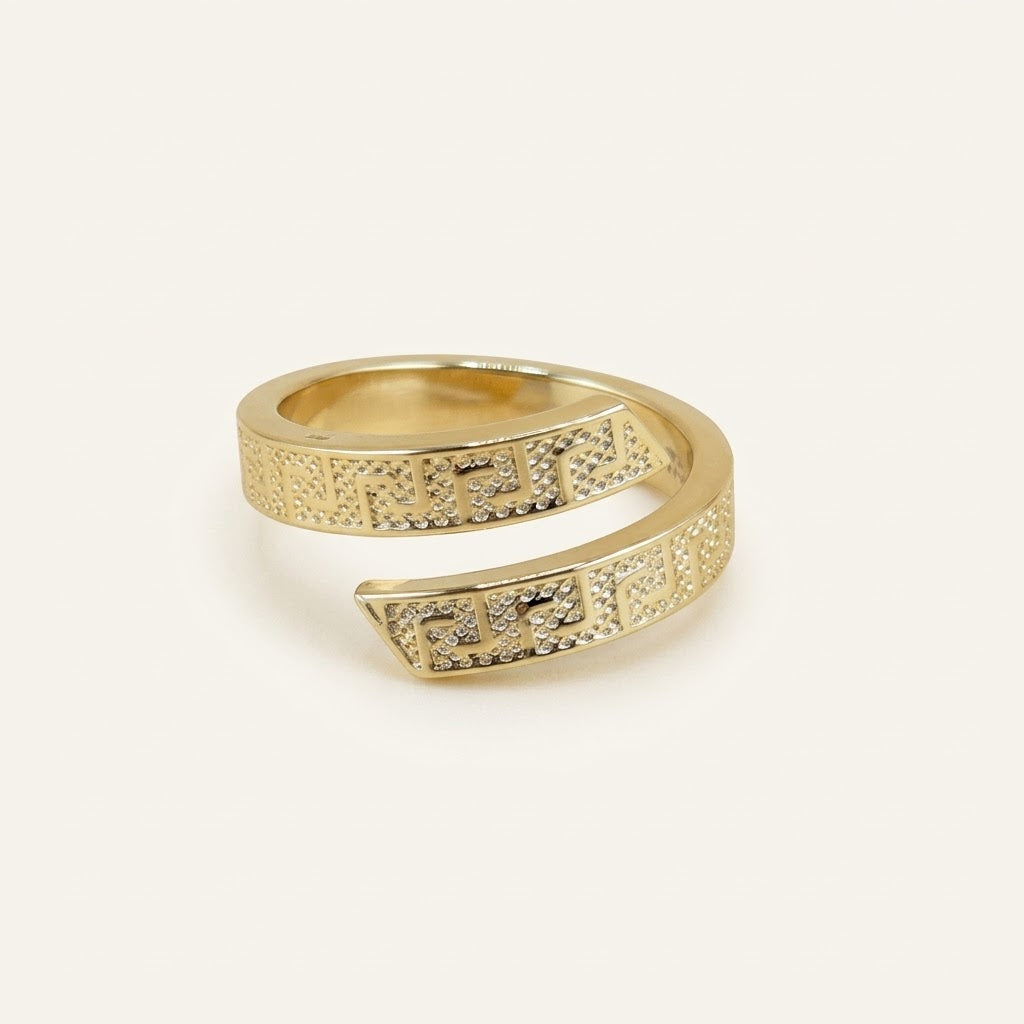 10K Gold Semi-Solid Adjustable Greek Key CZ Ring – Size 7–7.5