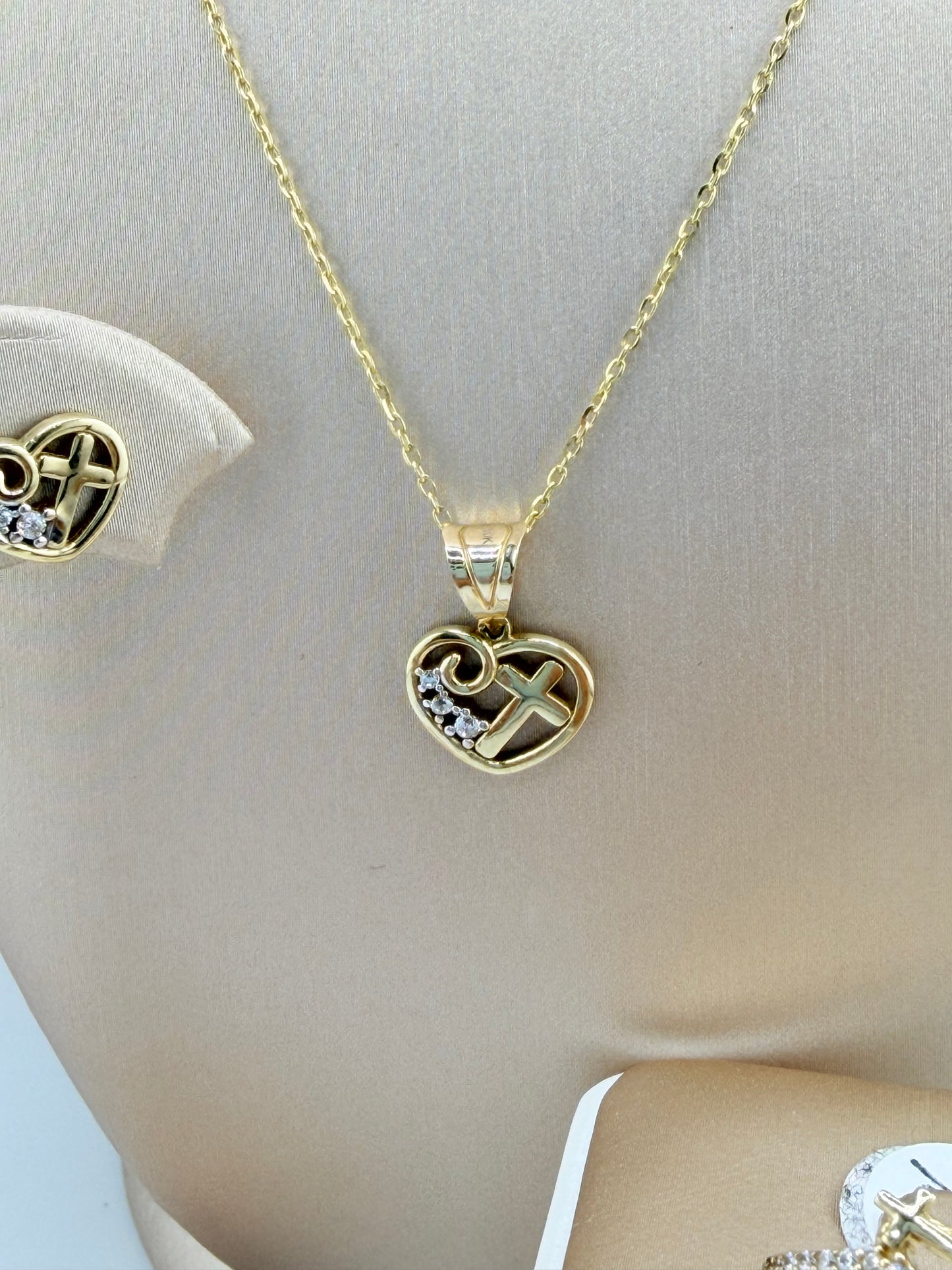 10K Solid Gold Heart and Cross Set, Includes Earrings and Pendant. Chain and Ring Not Included. Pendant Fits Chains Up to 3mm Thick. s