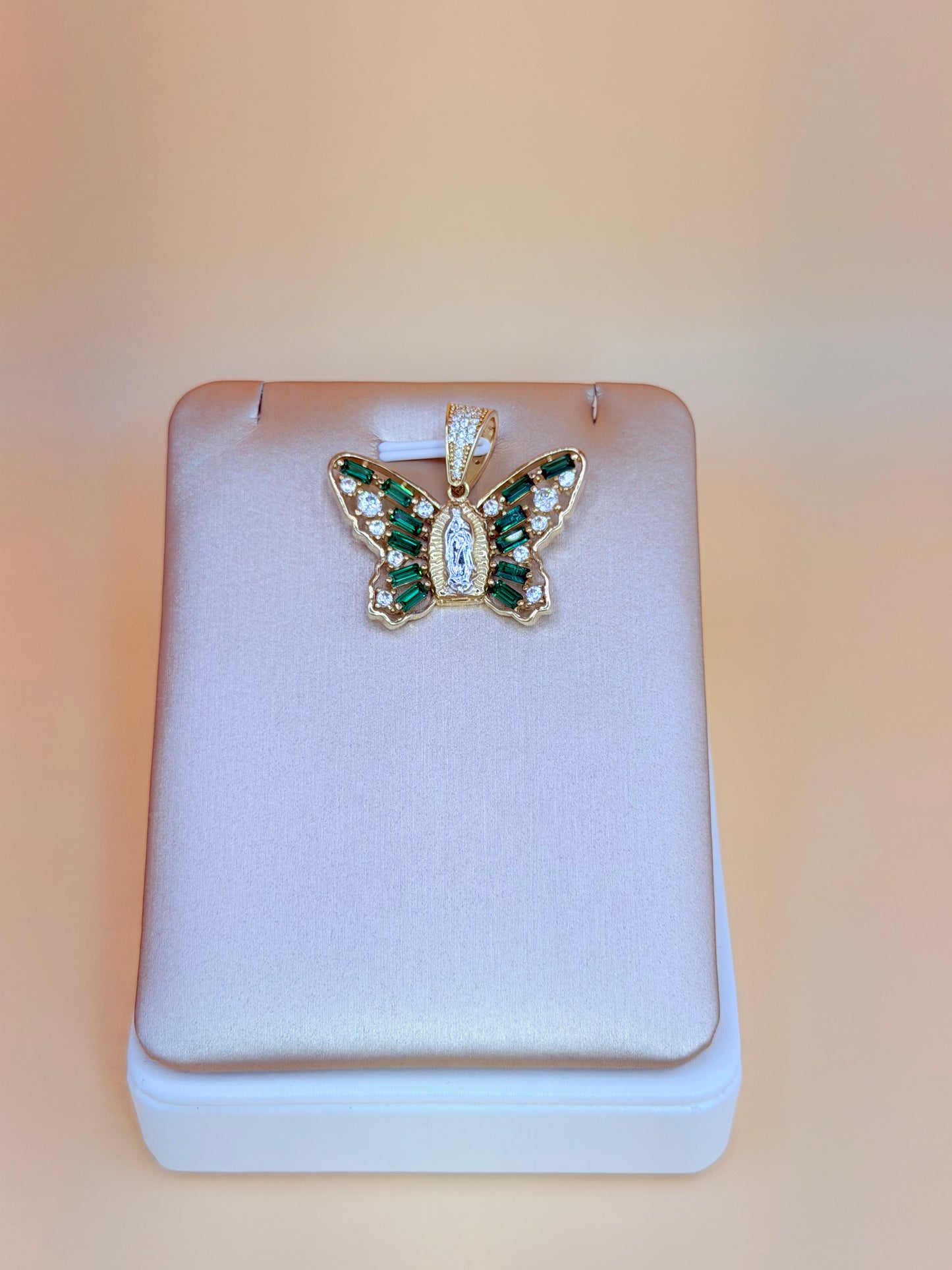 10K Large Gold Butterfly Pendant with Our Lady of Guadalupe, Fits Chains Up to 7mm Thick. ch